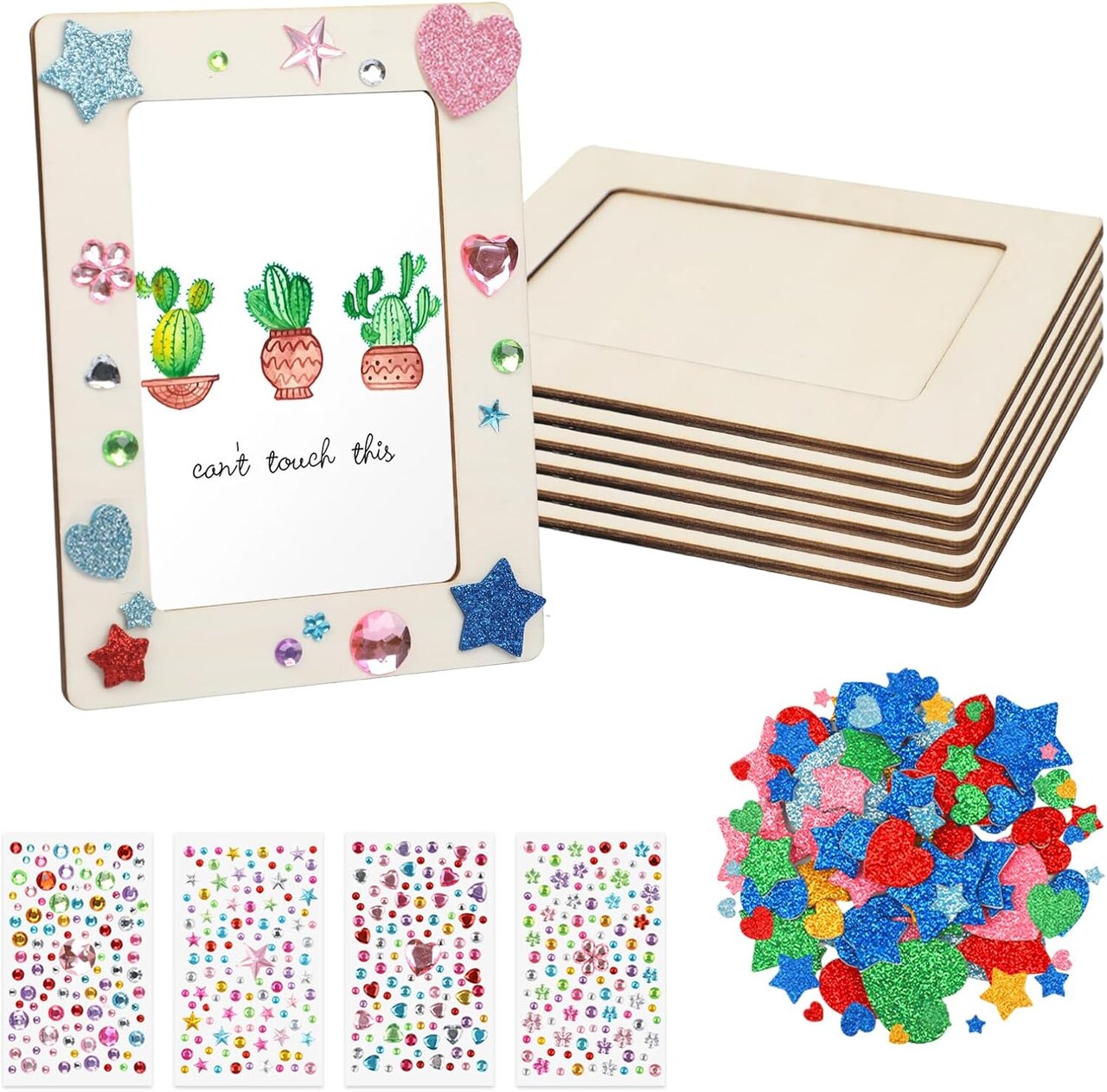 6-Pack DIY Wooden Picture Frames – 4x6 Inch Unfinished Photo Frames with 60 Stickers for Painting, Crafts, and Personalized Gifts
